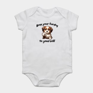 Sassy puppy says Keep Your Furphy to Yourself, funny Australian slang design Baby Bodysuit